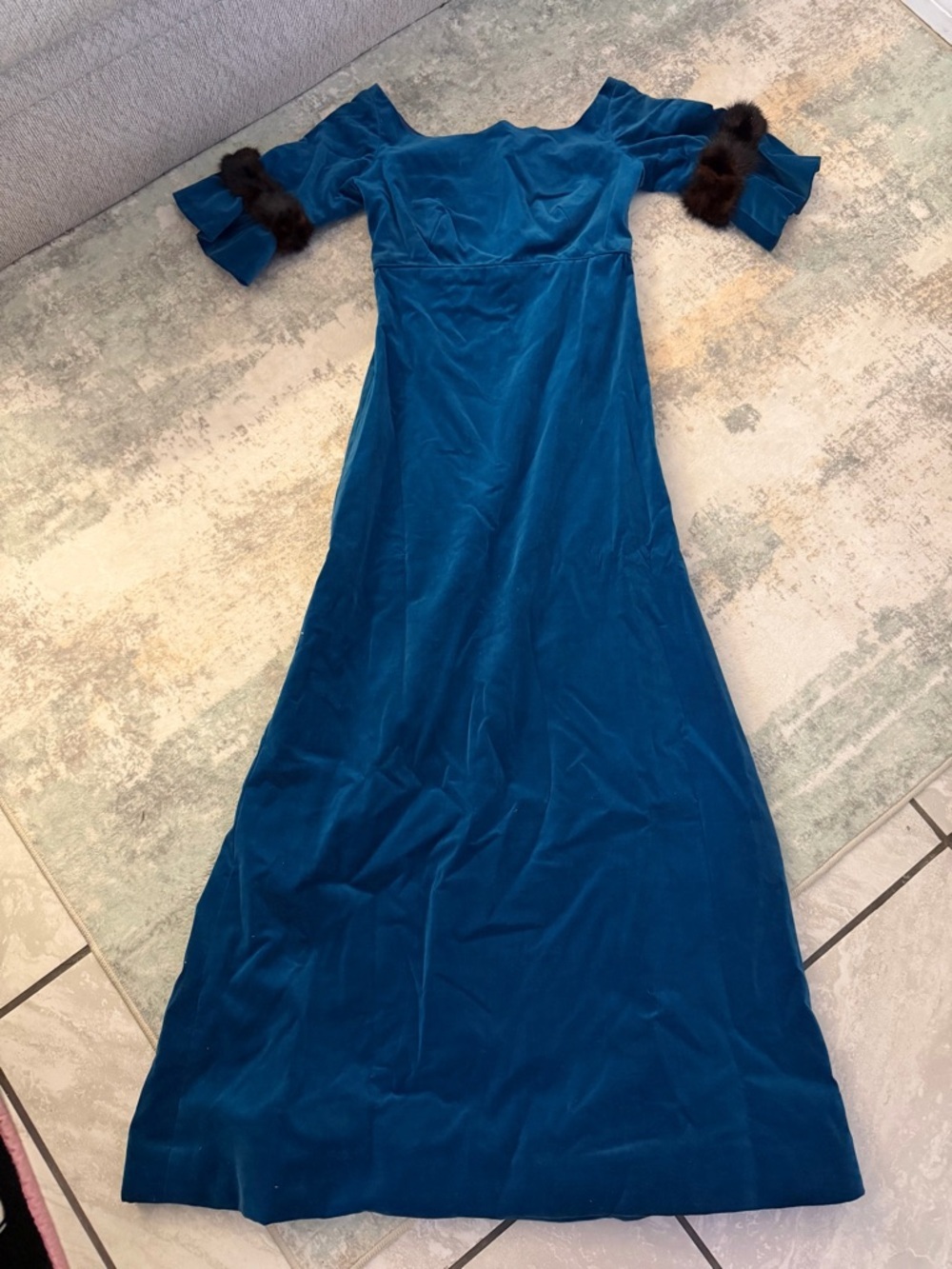 1950’s Priscilla of Boston Teal Velvet Maxi Dress with Real Fur-Trim Sleeves